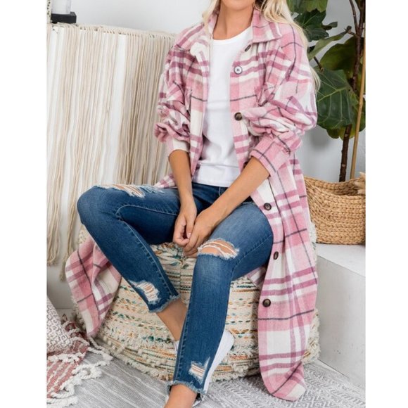 Pink Plaid Long Flannel Shirt Jacket Shacket Coat - Picture 2 of 8